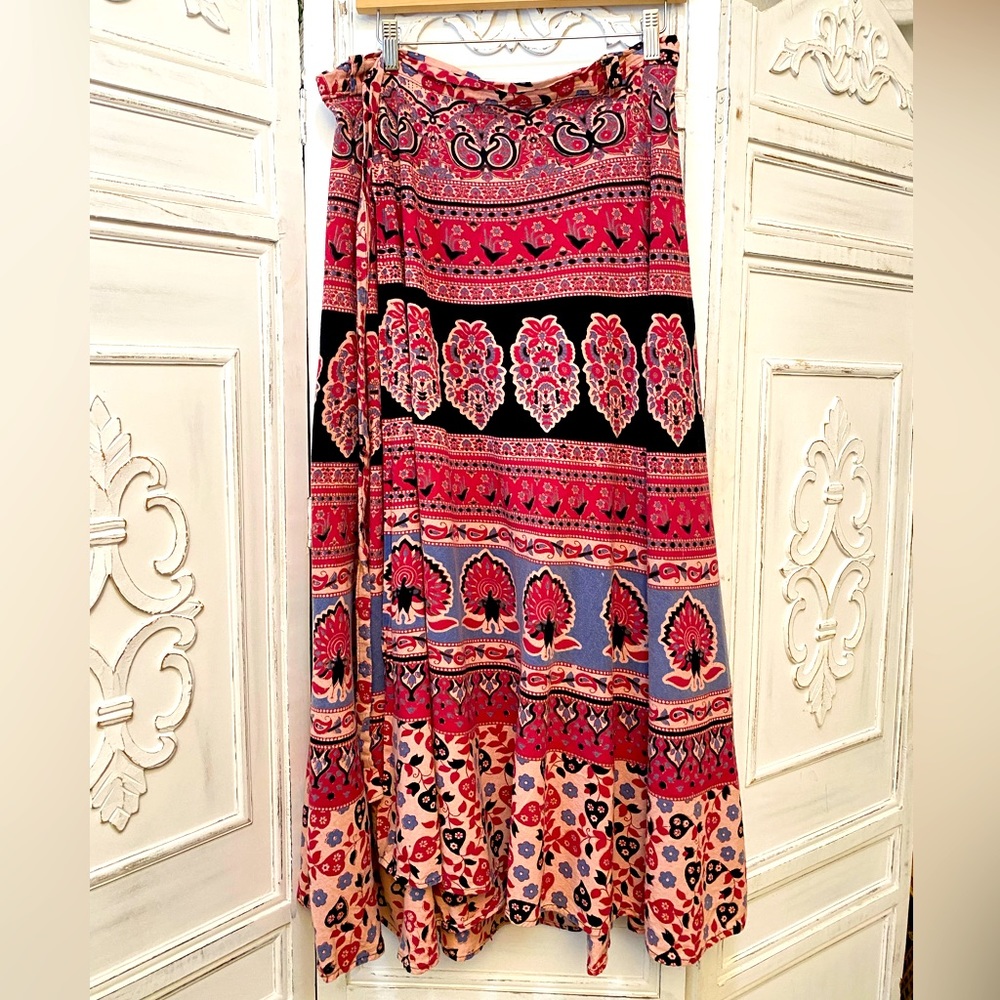 Vintage Indian Block Print Wrap Maxi Skirt Hippie Festival Boho Pink Peacock - Picture 1 of 11